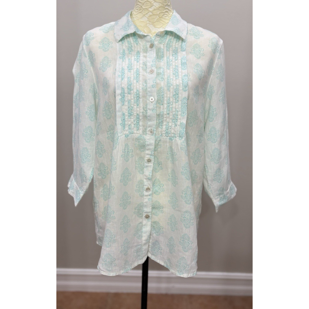 J Jill Medium‎ 100% Linen White Teal Top Peasant Button Up Pleated Coastal